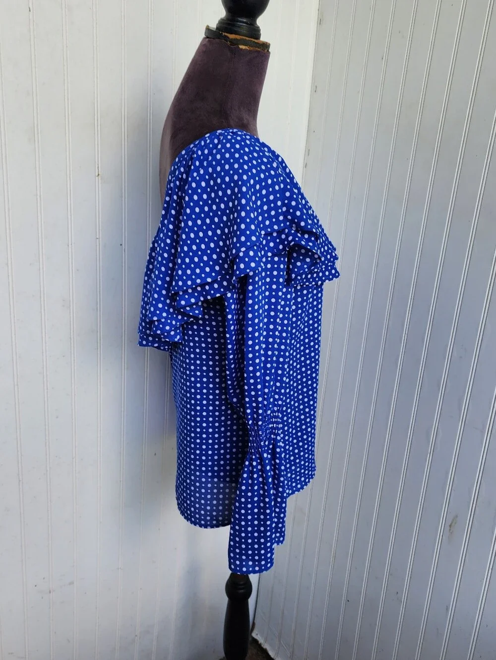 Michael Kors Royal Blue White Dots Ruffle One Shoulder Top Blouse Sz S - Picture 5 of 12